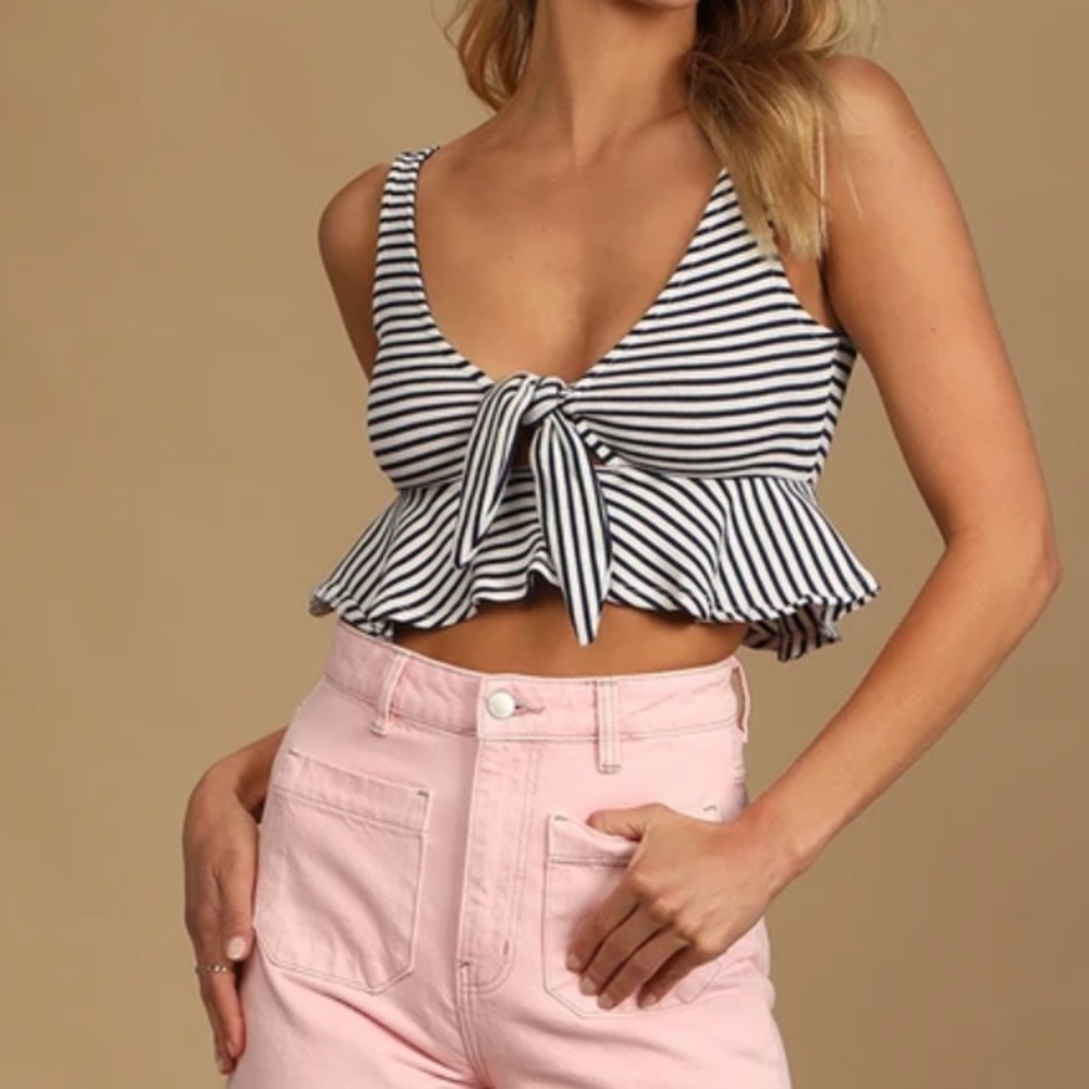 Lulus Navy Blue and White Striped Tie-Front Tank Top